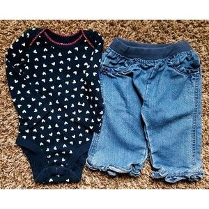 Girl's Size 6 M 3-6 Months 2 Piece Navy Heart L/S Old Navy Top & Circo Jeans